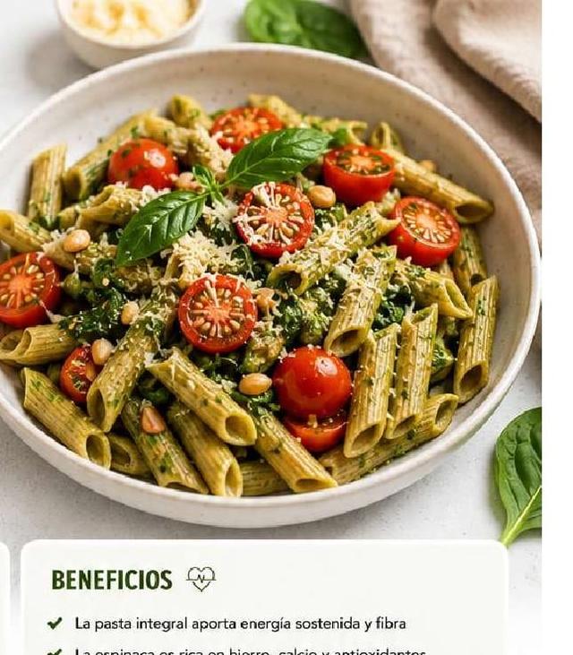 Pasta integral con pesto de espinaca y tomates cherry